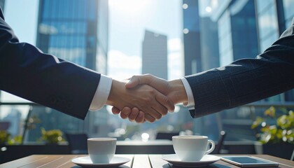 ビルが並ぶ都会のオープンカフェで握手を交わすスーツ姿の男性の手元　ビジネス、商談、契約イメージ