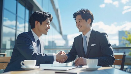 ビルが並ぶ都会のオープンカフェで握手を交わすスーツ姿の男性たち　ビジネス、商談、契約イメージ