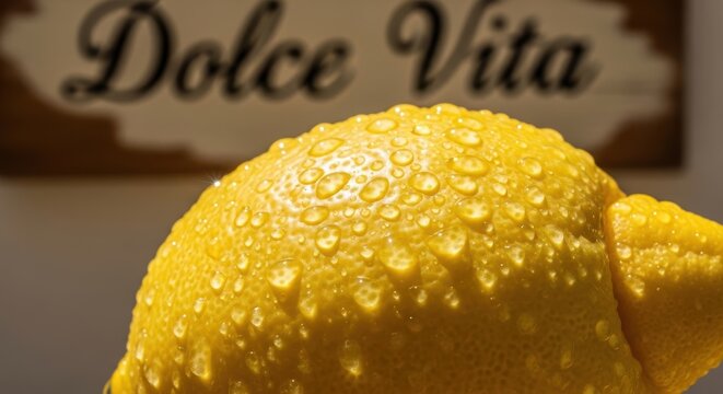 Fresh Lemon with Water Droplets Behind Dolce Vita Signage