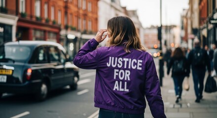 Fototapeta premium Street Justice: A figure walks confidently along a city street, advocating for Justice For All. conveying themes of equality and social awareness.