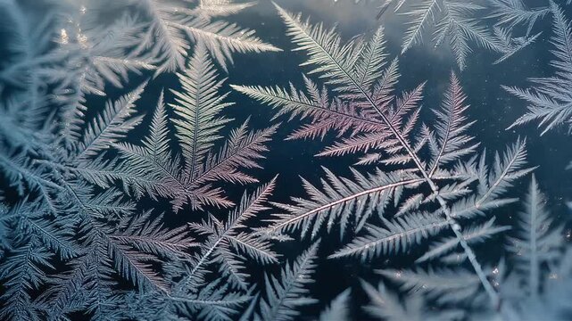 Frosty ferns delicately frosted with ice crystals in a frozen landscape viewed from above