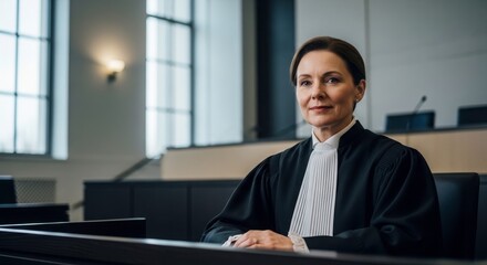 Fototapeta premium Justice in the Courtroom: A poised judge, in her formal attire, radiates authority and impartiality as she presides over a hushed courtroom.