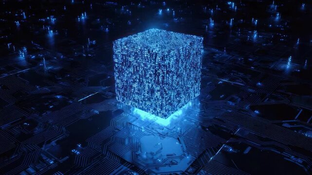 Glowing Blue Cube Futuristic Technology Concept.