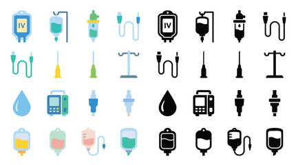 Collection of medical infusion icons representing IV bags, stands, pumps, and drops in various colors and styles.