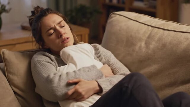 Caucasian woman experiencing discomfort while resting on couch, holding a hot water bottle for relief and pain management