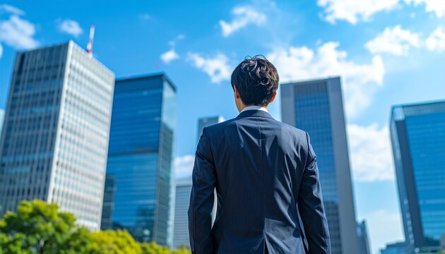 朝の光を浴びてオフィス街を歩くスーツ姿の男性の後ろ姿　ビジネスのスタート、新しい挑戦