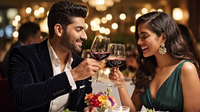 Man and woman toast and drink red wine during a romantic dinner in restaurant, celebrating anniversary or dating.