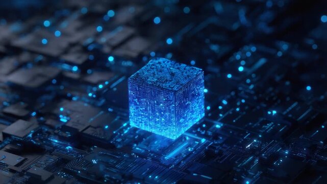 Glowing Blue Cube on Circuit Board Background.