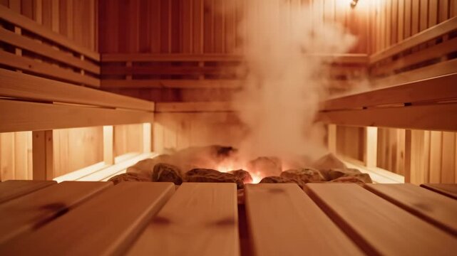 Sauna steaming process sequence with hot rocks and wooden interior for spa and wellness concept