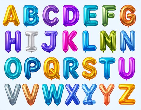 Shiny, metallic-look, colorful balloon alphabet letters arranged in rows on light blue