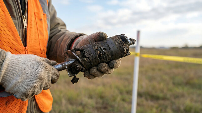 A worker's gloved hands carefully hold a muddy, cylindrical soil core sample during fieldwork in an outdoor environment.