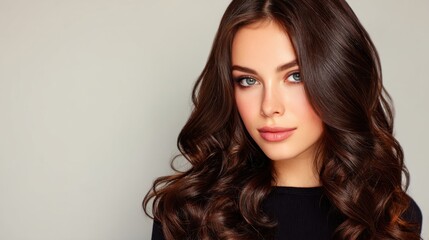 Naklejka premium Beautiful woman with long dark hair and flawless skin posing against a neutral background showcasing natural beauty and elegance