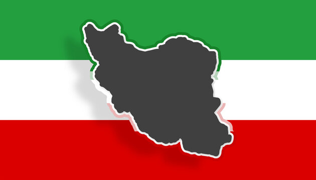 dark silhouette of the iran map over the green white and red horizontal stripes of the iranian national flag with a soft drop shadow for middle east geography.