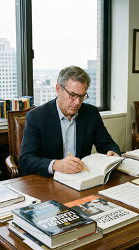 homme, bureau, &eacute;crivain, travail, lecture, livre, stylo, lunettes, costume, professionnel, &eacute;crivain, auteur, bureau moderne, concentration, recherche, &eacute;tudiant, professeur, documentation, note, &eacute;critu