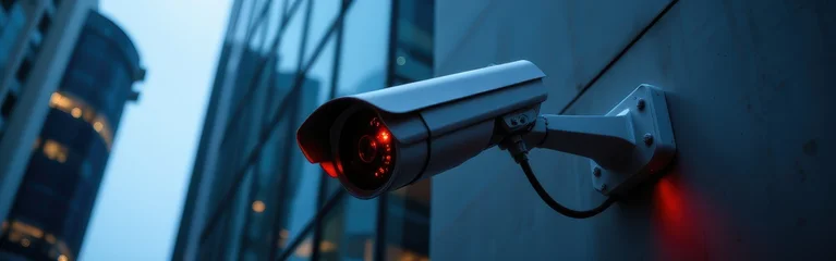 Security camera mounted on a building wall overlooking a city street at dusk. © Cherrisa