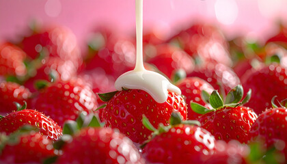 たくさんの新鮮なイチゴにとろりと練乳がかかる美味しいフルーツのイメージ　クローズアップ
