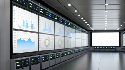 A modern data center room with large digital screens displaying various graphs and charts for real-time analytics.