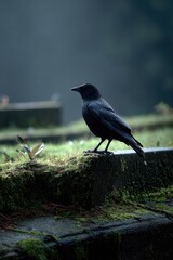 Fototapeta premium Gothic Cemetery Scene with Crow, Moss Covered Tombstone and Soft Gray Light