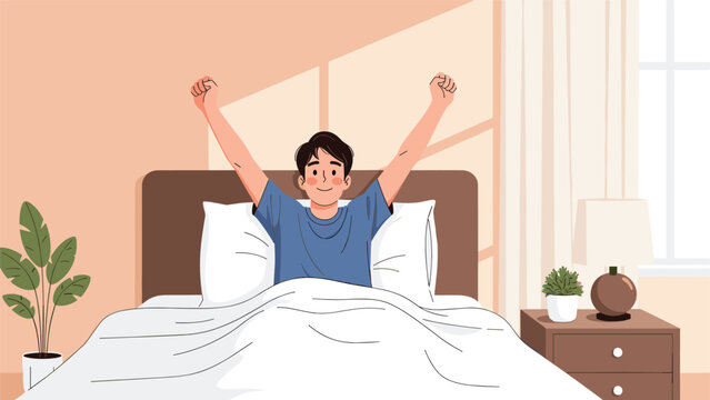 Young man stretching his arms and smiling while waking up in a bright and cozy bedroom with a plant and bedside lamp.