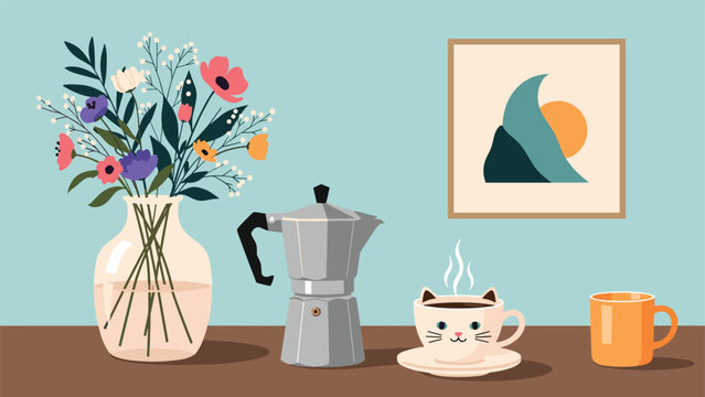 Cozy breakfast scene with a vase of colorful flowers, a moka pot, and a cute cat-faced cup of coffee on a wooden table.