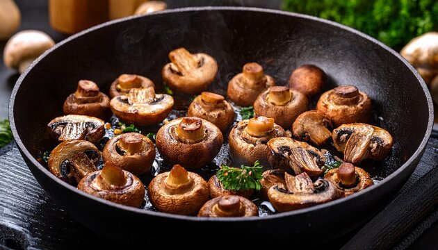 champignons are fried in a black pan close up