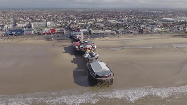 Establishing aerial view of Blackpool, seaside town in Lancashire, England, United Kingdom.