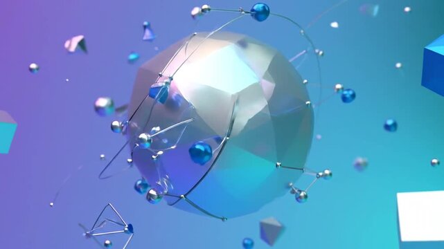 Abstract 3D render of a faceted sphere with interconnected elements and floating geometric shapes against a vibrant gradient