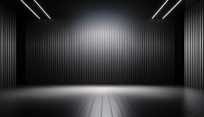3d rendering dramatic dark studio background with vertical illuminated light strips for product showcase