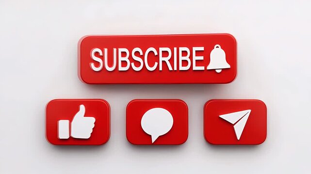 Red subscribe button with notification bell like and comment and paper airplane symbol on white background social media engagement