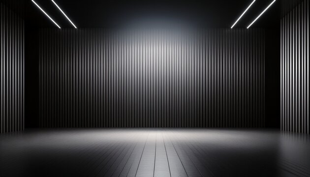 3d rendering dramatic dark studio background with vertical illuminated light strips for product showcase