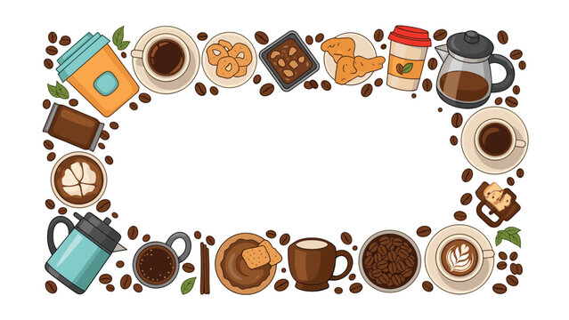 Comprehensive coffee and breakfast border featuring various cups pots beans pastries and sweets surrounding a white space.