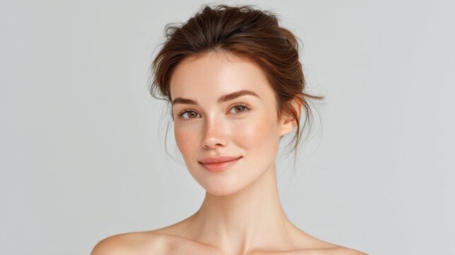 Natural Beauty Portrait of a Young Woman with Fresh Skin and Confident Smile Against a Soft Gray Background