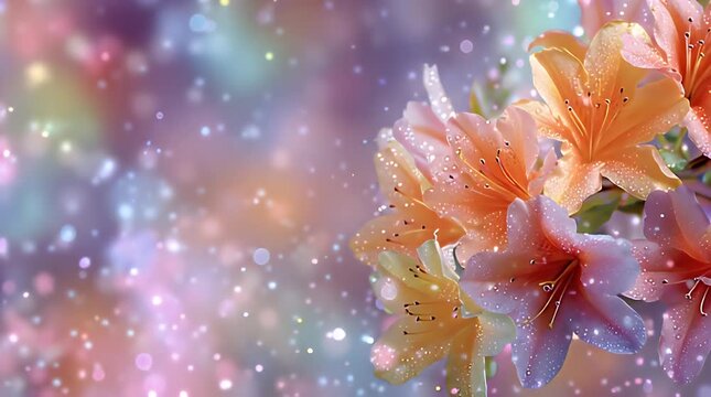 Close-up of pastel-colored flowers with a bokeh effect background. Dew drops glisten on petals. Soft, diffused light creates a dreamy atmosphere