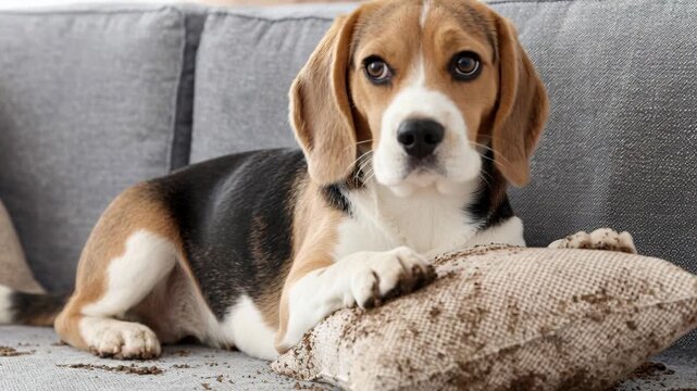 Naughty beagle puppy sitting on a gray sofa with a damaged and dirty pillow after making a mess.