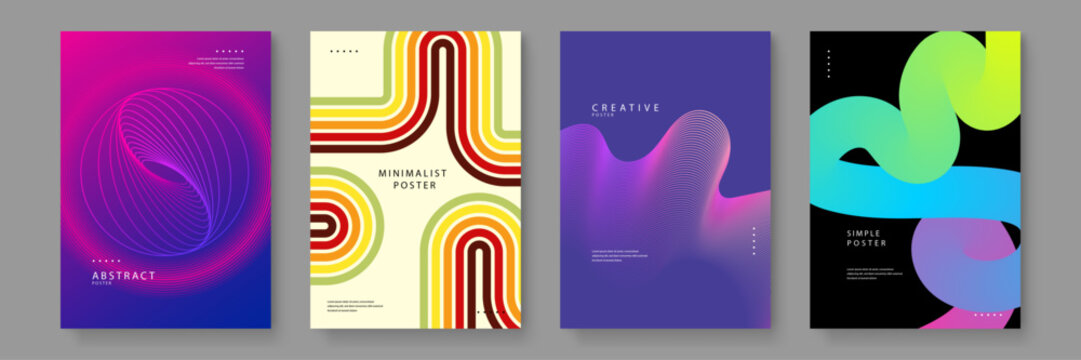 A diverse collection of four posters ranging from 70s retro stripes to modern neon 3D fluid wave shapes