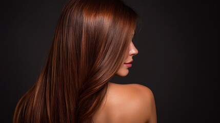 Fototapeta premium Elegant Profile of a Woman with Shiny Long Hair Against a Dark Background Showcasing Natural Beauty and Grace