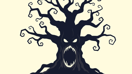 Spooky halloween monster tree with a terrifying screaming face and twisted branches against a pale yellow eerie background scene.