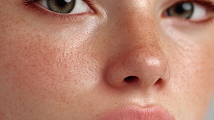 Fototapeta premium Close-up Portrait of a Young Person with Freckles and Expressive Green Eyes on a Soft Background