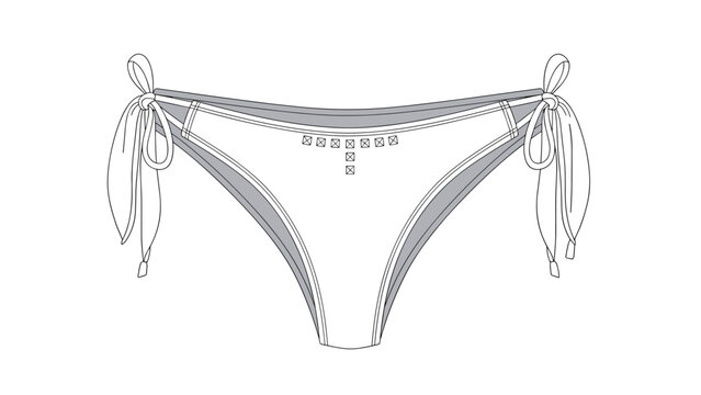 Technical line drawing of a pair of women's bikini bottoms featuring side-tie strings and decorative eyelet details on the front.