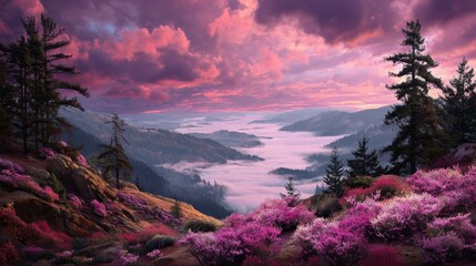 Naklejka premium Stunning Landscape with Vibrant Pink Flowers and Majestic Mountains Under Colorful Sky at Dawn