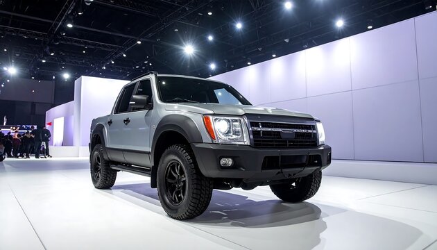 Silver pickup truck displayed at a auto show, showcasing its front design, off-road tires, and black fender flares