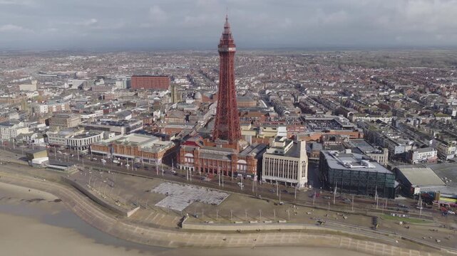 Establishing aerial view of Blackpool, seaside town in Lancashire, England, United Kingdom.