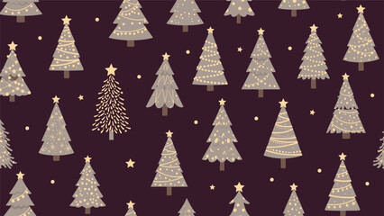 Obraz premium Festive seamless pattern showcases various styles of decorated christmas trees and golden stars on a dark chocolate brown background.