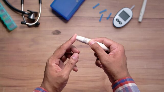 Close up video of person testing for diabetes with lancet device and blood glucose meter on wooden table