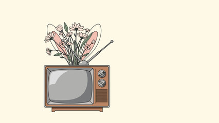 Creative illustration features a bouquet of wildflowers growing out of the top of an old vintage television set on a plain background.