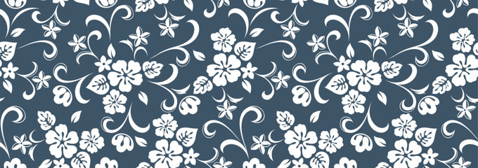 Hawaiian shirt pattern with hibiscus flowers, leaves, and branches. Complete artwork for fabric printing, designed for summer fashion, beach shirts, and casual wear. Not created by AI. © kirkchai