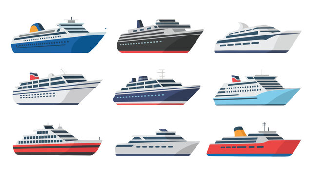 Set of modern cruise ship and passenger liner illustrations in flat design. Ideal for luxury ocean travel, vacations, and maritime themes