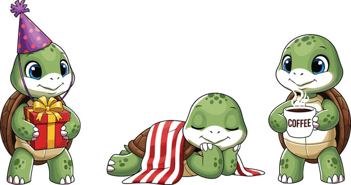 Cute cartoon turtle character vector illustration set showing celebration, sleeping, and coffee moments, adorable mascot animals isolated on white background