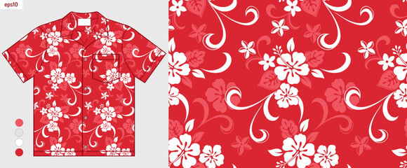 Red Hawaiian shirt mockup featuring hibiscus flowers and tropical leaves, summer fashion fabric design, complete floral artwork for beach shirts and casual wear, textile presentation, not AI generated © kirkchai