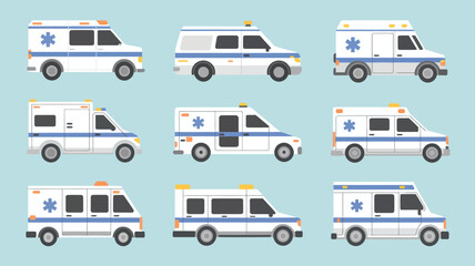 A versatile set of nine illustrated emergency ambulance vehicles, showcasing different modern flat vector designs for medical transport and public safety applications